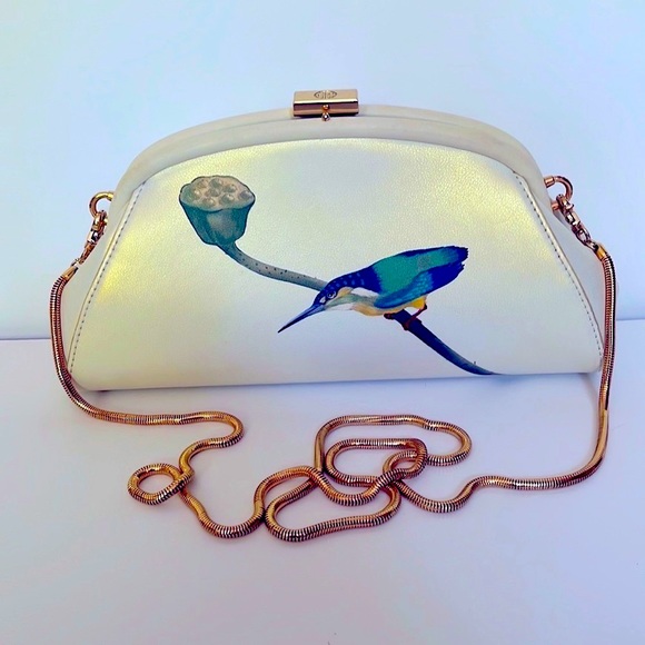 RARE FINE WHITE LEATHER IRIDISCENTE HANDBAG. Bird Printed. Sophisticate&Elegant - Picture 4 of 9